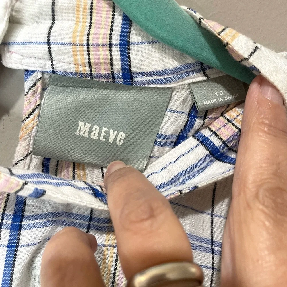 ANTHROPOLOGIE Maeve Plaid Ruffle Blouse Top Long Sleeve High Low Hem SZ 10 EUC - Picture 4 of 10